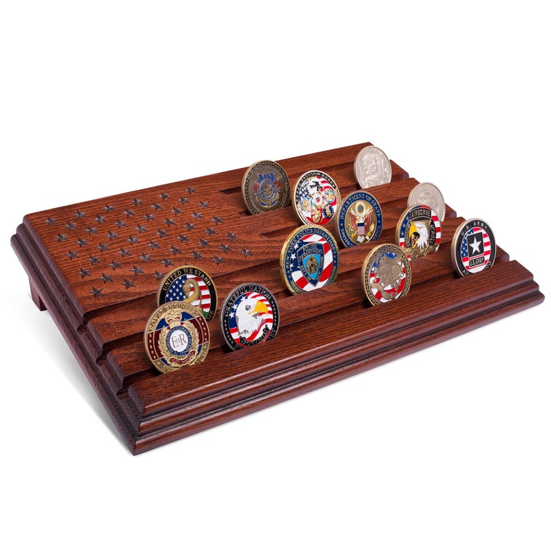 TESLYAR 6 Rows Military Challenge Coins Stand Holder Display Rack Wooden Army Collectible Challenge Coin Display Case Wood Stand  Holds 30-36 Coins Natural Solid Wood Brown American Flag (Mahogany) - Image 1